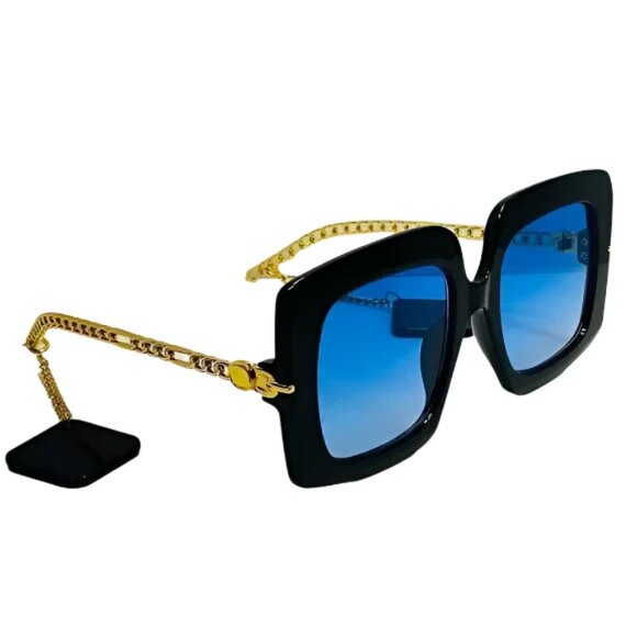 6092 | Black/Gold/Blue Lens Ladies Sunglasses with Dangling Accents - Picture 3 of 5